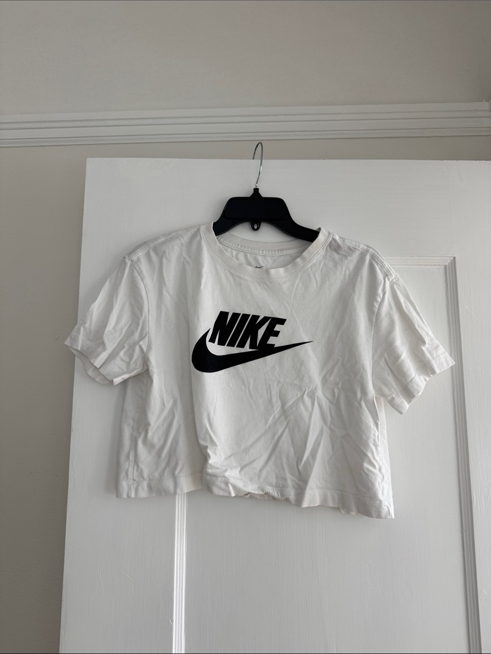 Nike White Cropped Swoosh Tee - Black Logo